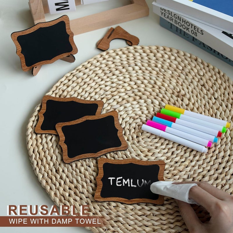 Temlum 15 Pcs Mini Chalkboard Sign with 6 Color Chalk Markers, 2.9″ x 3.9″ Wooden Blackboard Reusable Small Chalkboards for Food, Buffet, Parties, Message Boards, Table Numbers (Wavy Shaped) - Image 4